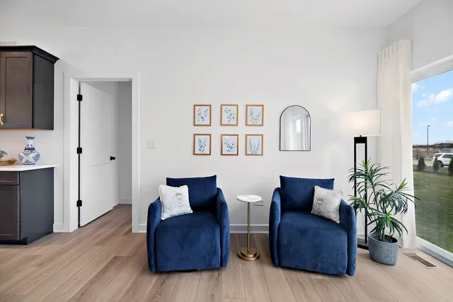 a living room with furniture and a potted plant