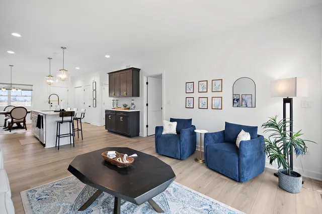 a living room with furniture potted plant and kitchen view