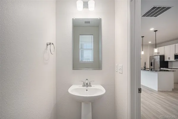 a bathroom with a sink a mirror and a shower