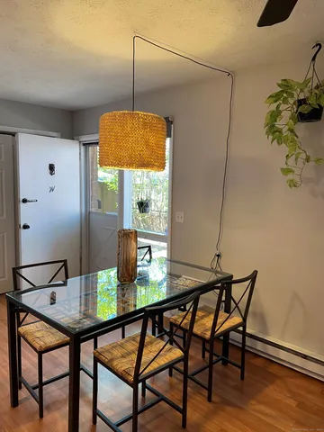 a view of a dining room with furniture and wooden floor