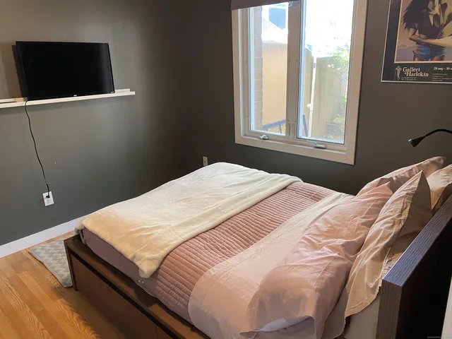 a bedroom with a bed and a window