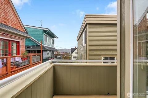 a view of a building from a balcony