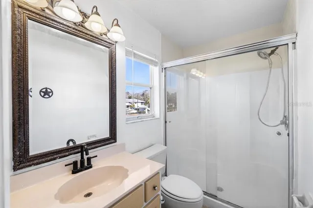 a bathroom with a sink a toilet a mirror and shower