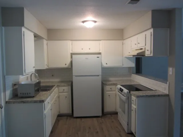 a kitchen with a refrigerator sink stove and cabinets
