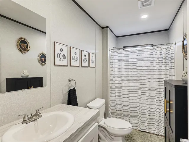 a bathroom with a sink a toilet and shower curtain