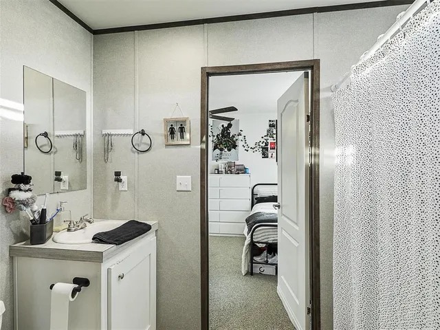 a bathroom with a sink a mirror and shower