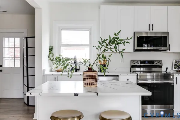 a kitchen with a stove a microwave and a potted plant