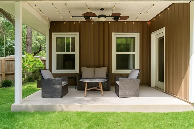 a building outdoor space with seating space