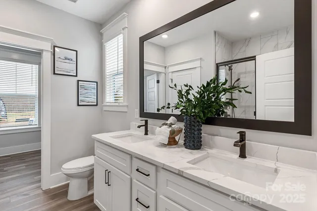 a bathroom with a double vanity sink toilet and a mirror