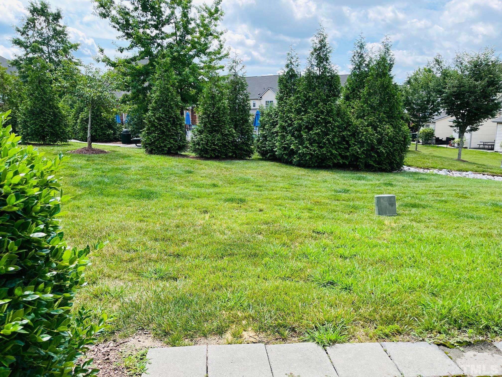9817 Grettle Court Raleigh, NC 27617 - Photo 15 of 15 a backyard of a house with lots of green space and fountain