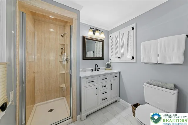 a bathroom with a sink a toilet and shower