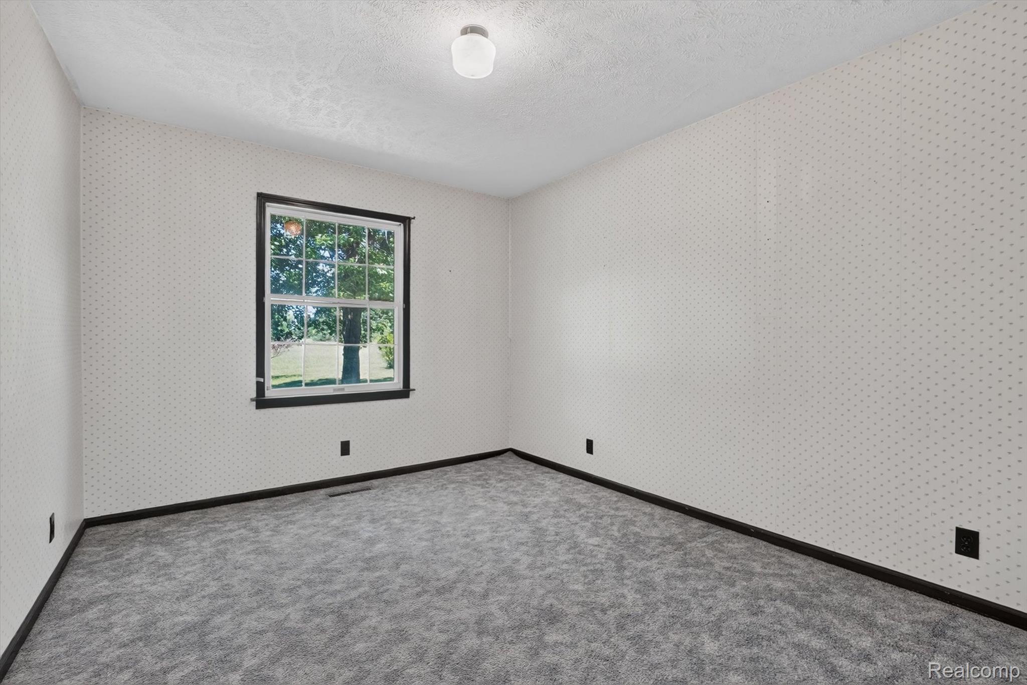 3760 Webberville Road North Williamston, MI 48895 - Photo 18 of 80 Windowed interior space featuring patterned wallpaper, dark trim, and gray carpet