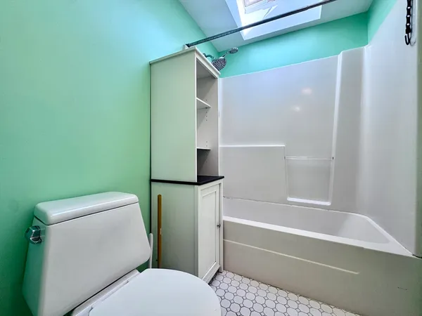a bathroom with a toilet and a shower