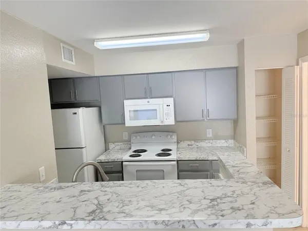 a kitchen with a refrigerator a stove a sink and a counter top space