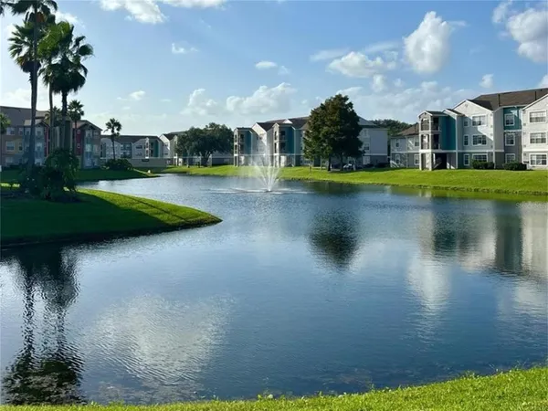a view of a house with a yard and palm trees