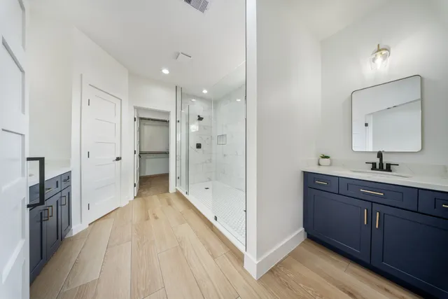 a bathroom with a tub shower vanity and a sink