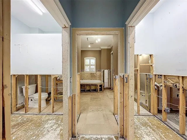 a house view with swimming pool