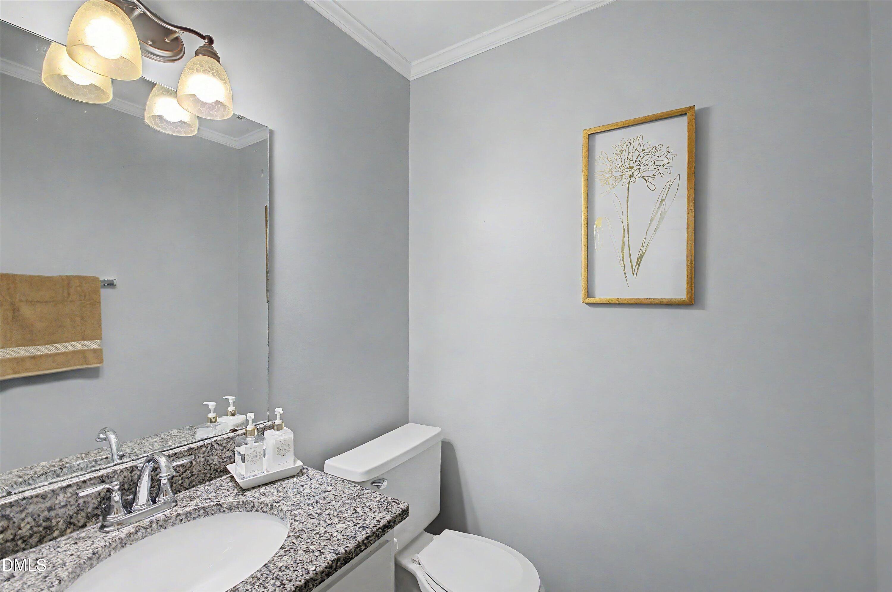 5519 Hamstead Crossing Raleigh, NC 27612 - Photo 9 of 33 a bathroom with a granite countertop toilet sink and mirror