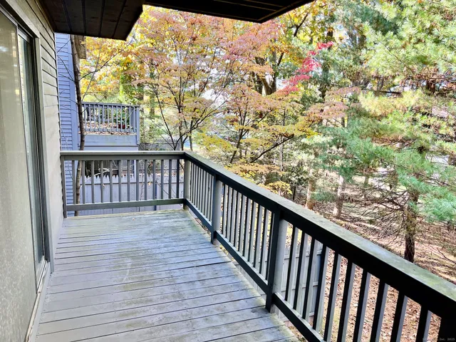 a view of balcony with wooden floor