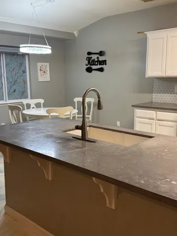 a kitchen with a sink a counter top space and cabinets