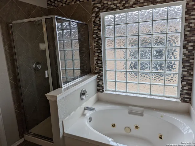 a bathroom with a bathtub and a shower