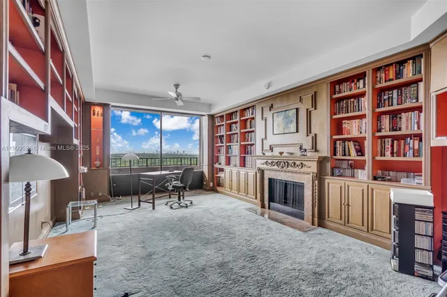 a workspace with a bookshelf