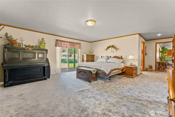 a spacious bedroom with a bed and a large window