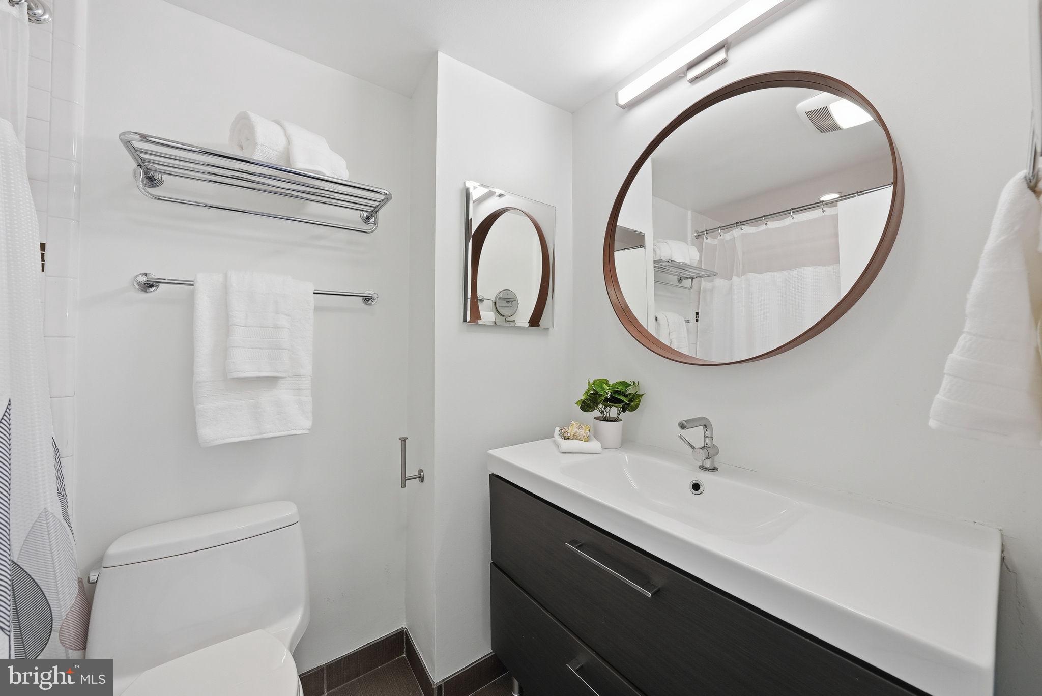 1825 T Street Northwest, Unit 207 Washington, DC 20009 - Photo 18 of 22 a bathroom with a sink a toilet and a mirror