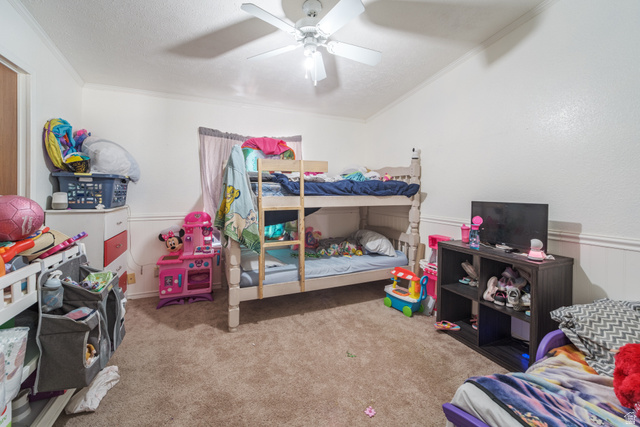 445 South Main Street Fayette, UT 84630 - Photo 22 of 45 Bedroom with light colored carpet, ornamental molding, ceiling fan, a textured ceiling, and a wainscoted wall