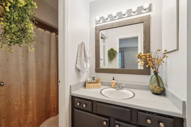 a bathroom with a sink vanity and a mirror