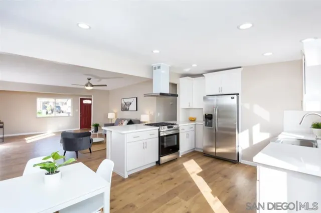 a kitchen with a refrigerator and a stove
