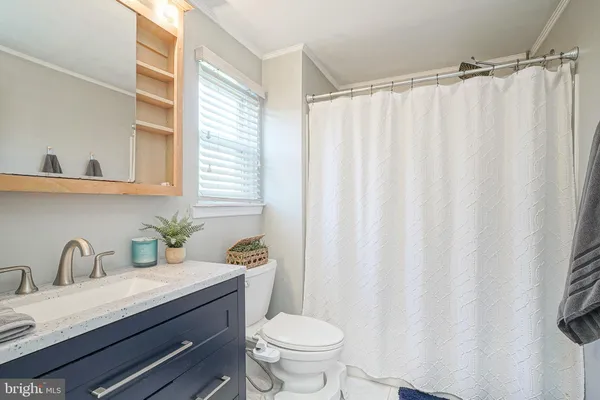 a bathroom with a granite countertop sink and a toilet