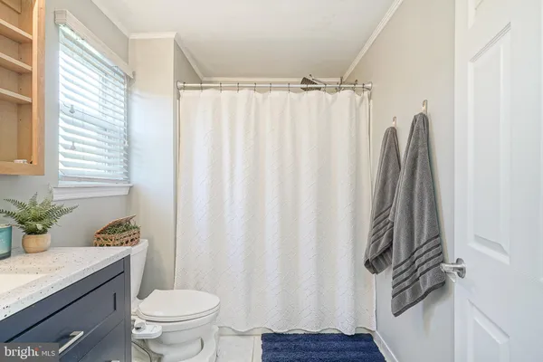 a bathroom with a granite countertop sink toilet and a large mirror