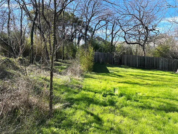 a view of a yard with large trees