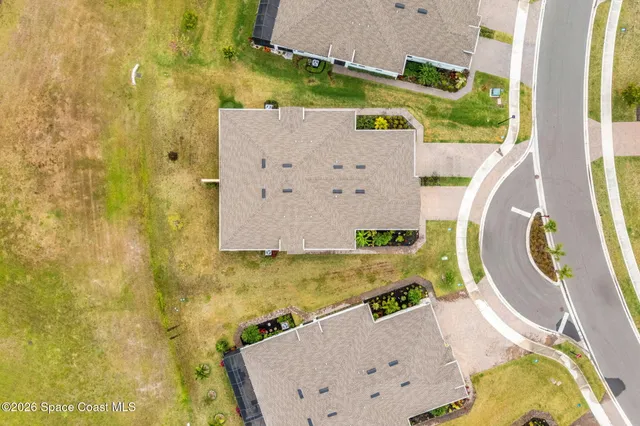 an aerial view of a swimming pool