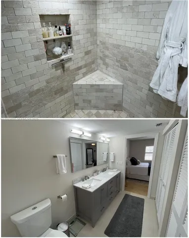 a bathroom with a sink a toilet and mirror