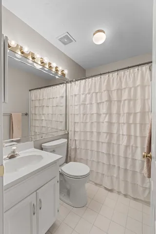 a bathroom with a sink a toilet a mirror and shower curtain