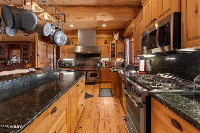 a view of a park with large trees