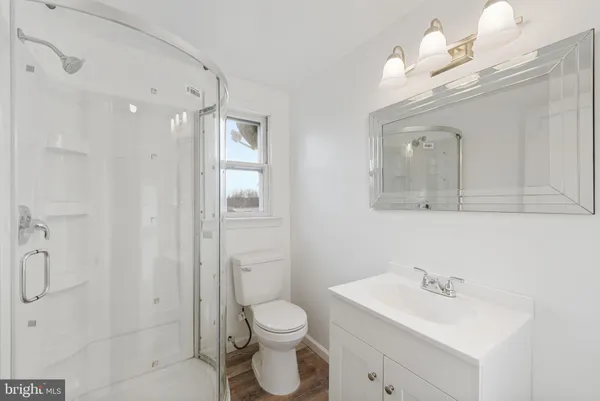 a bathroom with a toilet sink shower and mirror