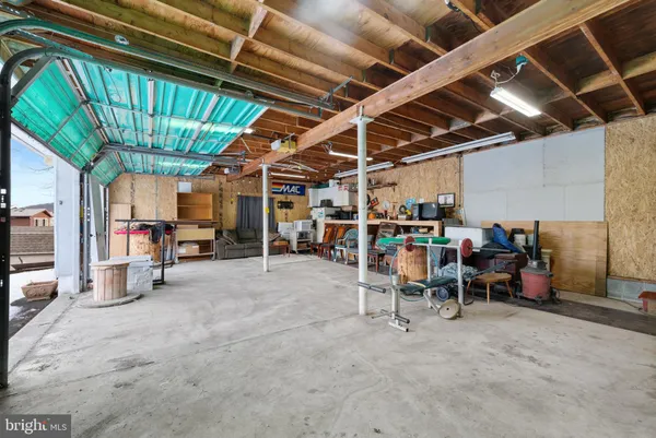 a view of a storage room with racks