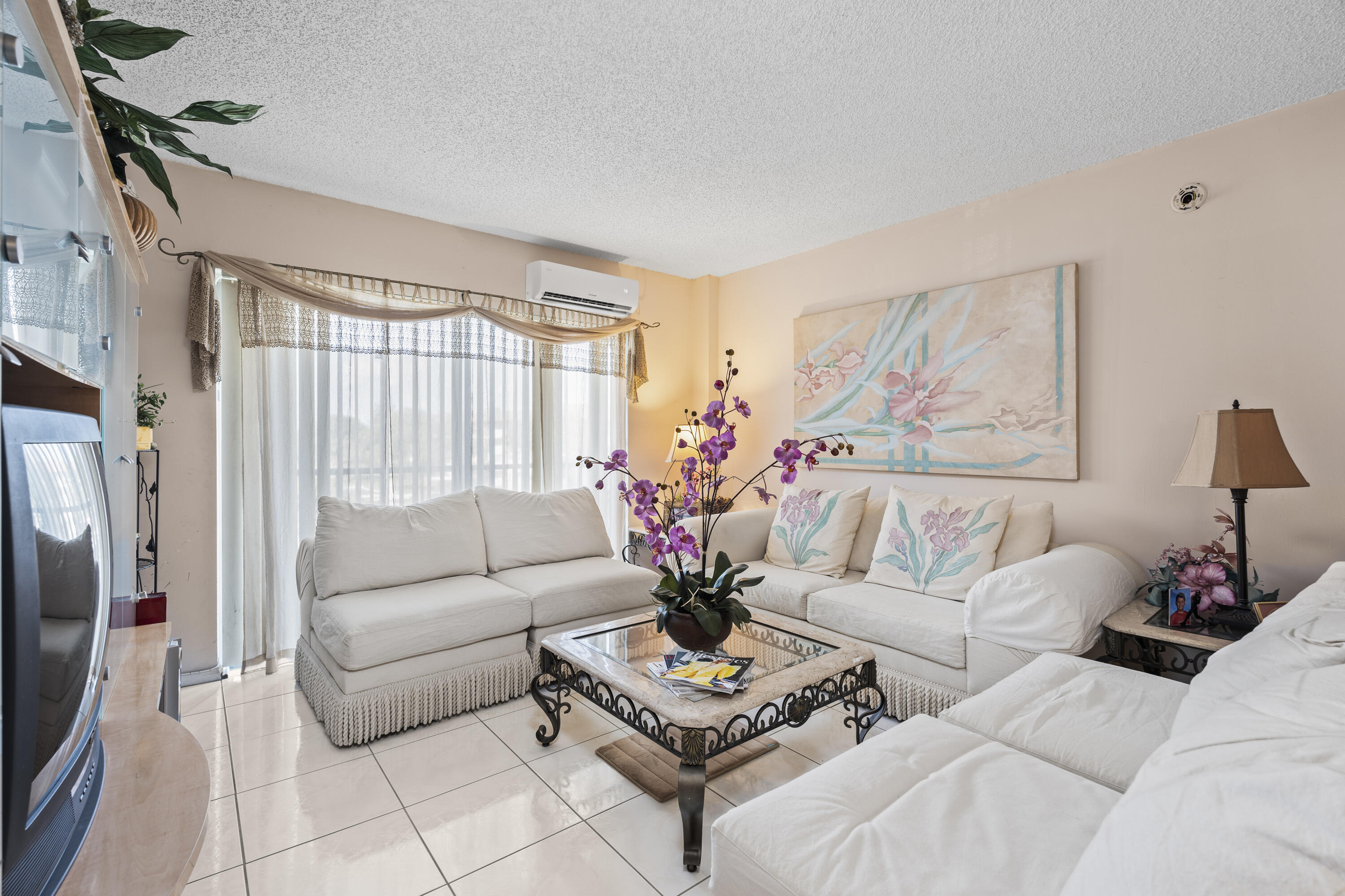a living room with furniture potted plant and a window