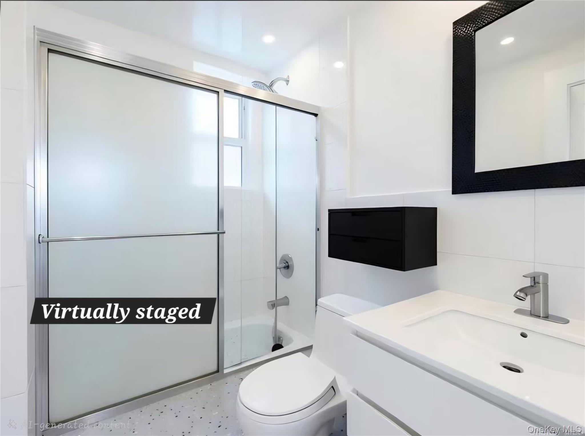 137-08 31st Road, Unit 5E Queens, NY 11354 - Photo 5 of 14 a bathroom with a sink a toilet and a mirror