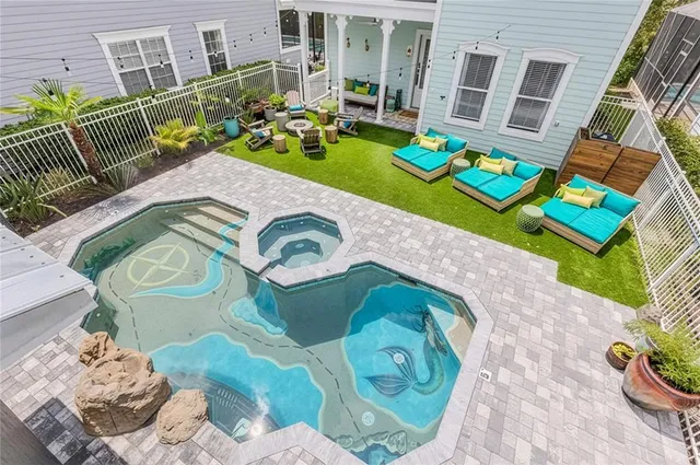 a view of a dining room with furniture