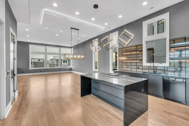 a view of a garage with shelves