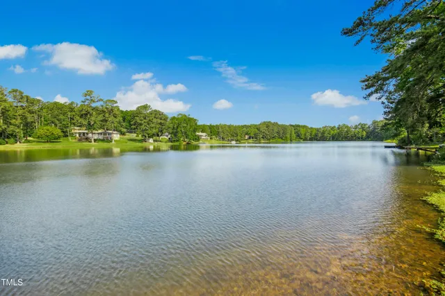 a view of a lake with houses in the back
