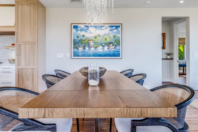 a view of a dining room with furniture