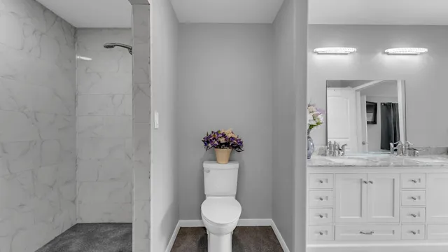 a bathroom with a granite countertop sink toilet and a mirror