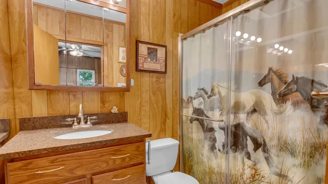 a bathroom with a granite countertop sink a toilet a mirror and shower
