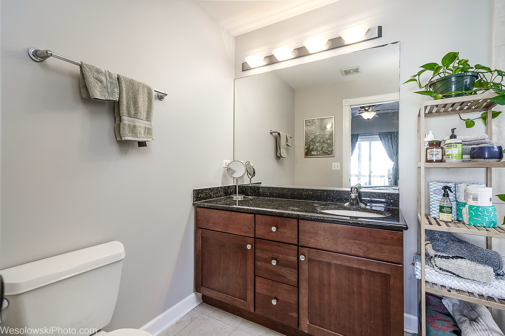 3042 North Oakley Avenue, Unit 2S Chicago, IL 60618 - Photo 17 of 19 a bathroom with a granite countertop sink a toilet and a mirror