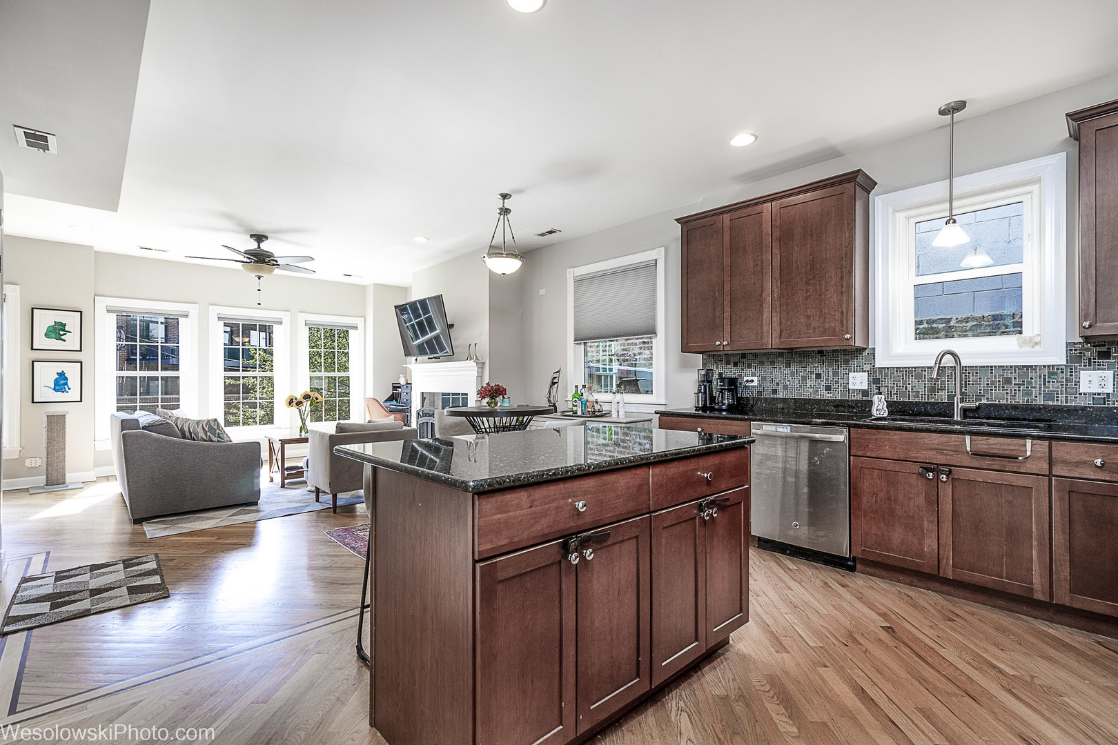 3042 North Oakley Avenue, Unit 2S Chicago, IL 60618 - Photo 5 of 19 a kitchen with stainless steel appliances granite countertop wooden floors and large window